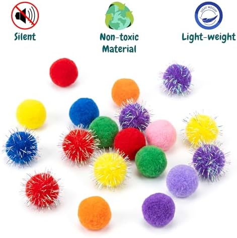 50 Count 1.2 Inches Pom Pom Balls with Cat Ball Launcher, Interactive Cat Toy for Indoor Kittens, 25 Pcs Sparkle and 25 Pcs Simple Pompoms are Included for Exercise, Training & Boredom Relief