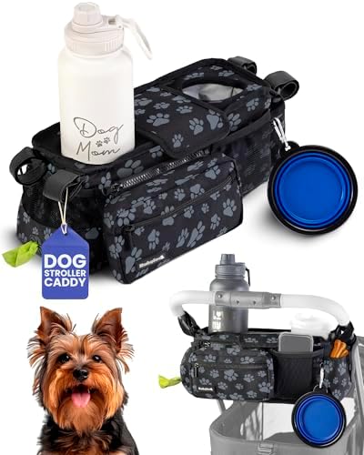Dog Stroller Caddy Organizer with 2 Insulated Cup Holders & Treat Pocket