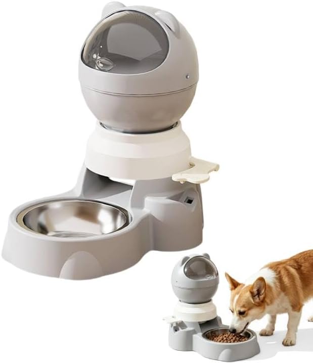 Automatic Gravity Pet Feeder Dispenser,Treat Dispenser with Button for Slow Feeder,Dog Waterer and Food Feeder for Cats Dogs (Grey)