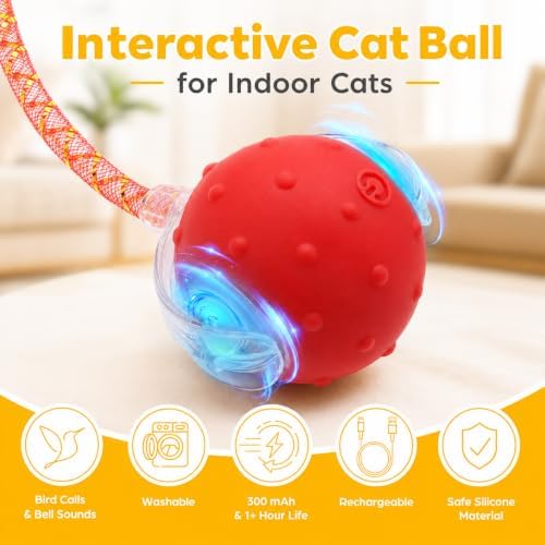 Interactive Cat Toy Ball,3 Speed Modes Moving Cat Toy Balls,Automatic Rolling Rechargeable Cat Toy for Indoor Cats Bored Adult & Kittens-Red