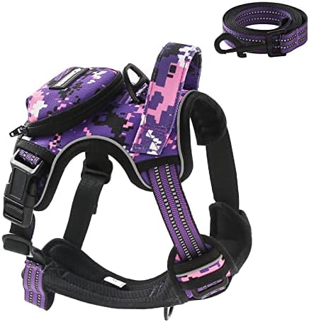 No Pull Dog Harness for Small Dogs, Adjustable No Choke Pet Vest with Dog Leash Fit Smart Reflective Pet Walking Harness for Training Easy Control Soft Handle Purple Camo S