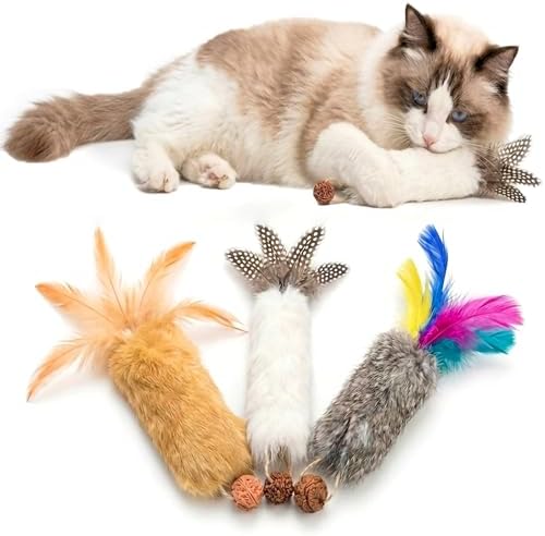 Cat Toy Rabbit Fur Feather 3pcs Gall Fruit Treat Kitten Kick Indoor