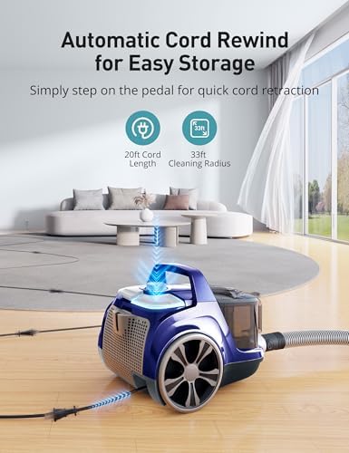 Aspiron Canister Vacuum, Upgraded 1600W Bagless Canister Vacuum Cleaner | Auto Cord Rewind, H13 HEPA Filter, 4Qt Large Capacity, 5 Tools for Hard Floors, Carpet, Pet, Upholstery, Tiles, Navy