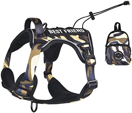 Petmolico No Pull Dog Harness, 2 Leash Clips Tactical Dog Harness Soft Padded Reflective Service Dog Vest with Dog Treat Pouch for Outdoor Walking Training, Camouflage Small