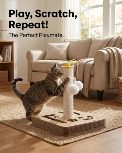 3-in-1 Interactive Cat Toy & Scratching Post - Durable Sisal Cat Scratcher with Corrugated Cardboard Base, Track Balls & Teaser Wands - Indoor Kitten Exercise Toys for Furniture Protection