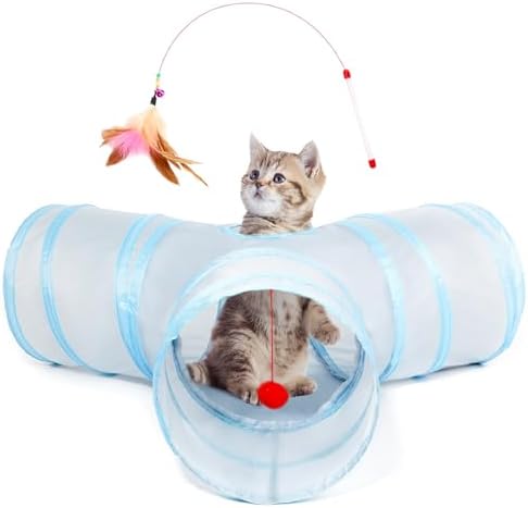 Tempcore Cat Tunnel, 3-Way Collapsible Toy for Indoor Cats, Grey & Blue