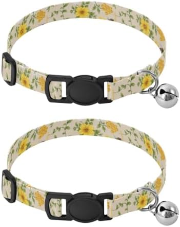 Yellow White Flowers Soft Polyester Pet Collar, 2 Pack Cat Collar with Bell