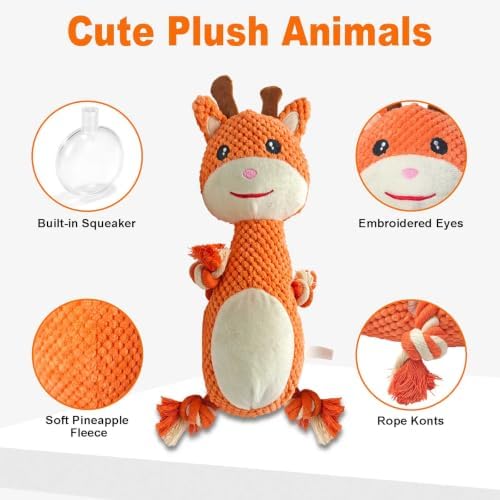 Orange Deer Plush Chew Dog Toy, 13.8 in, Squeaker and Rope