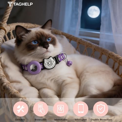 Cat Collar with AirTag Holder, QR Code Tag and Bell (Purple, Paw)