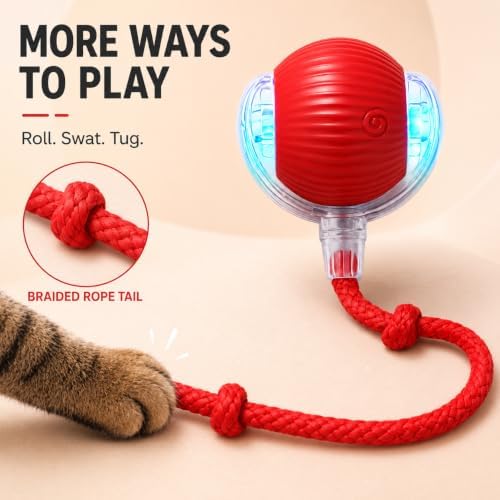 Interactive Cat Ball Toy with String, Red, Bouncing Teaser Wand
