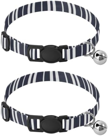 2 Pack Cats Collar Stripes Navy Blue White Decorative Pet Collar with Bell, Adjustable 10.6 to 17.1 Inches