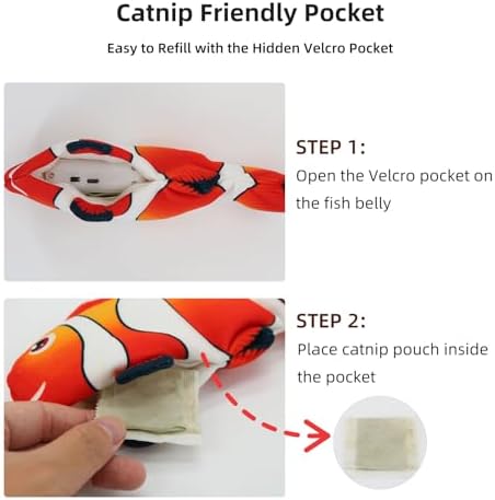 Flopping Fish Cat Toy, Interactive Moving Plush Cat Kicker Toy with Catnip Pocket, USB Rechargeable Automatic Wiggle Clownfish Toy for Indoor Kitten & Small Dogs, Single Clownfish（9.84Inch）