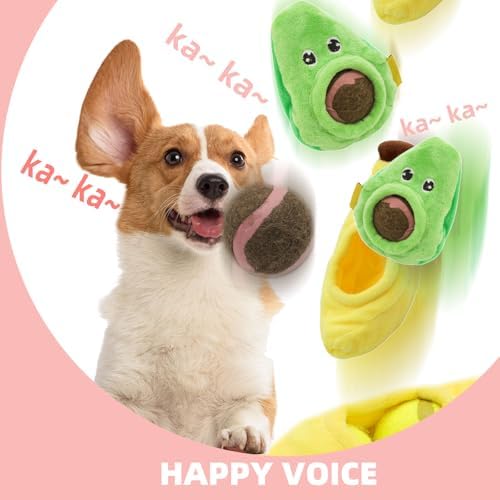 Andiker Dog Squeaky Toy with Plush Crinkle Fabric and Puppy Tennis Balls Inside, Cute Fruit Shapes Creative Dogs Chew Toy Interactive Dog Toys for Indoor Dogs Chasing Chewing Entertaining (Banana)