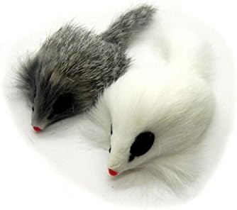 Kats'N Us 2 Inch Real Rabbit Fur Long Hair Mouse Cat Toy (2, Gray & White)
