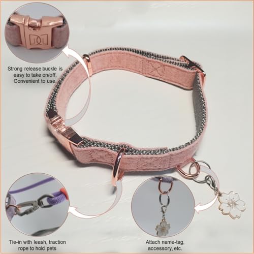 5ft Pink Hands Free Dog Leash & Premium Adjustable Collar Set - Bungee Waist/Crossbody Leash with Safety Lock, Rose Gold Buckle, Smart ID Ring - Durable Nylon & Twill for Small to Mediu Dogs