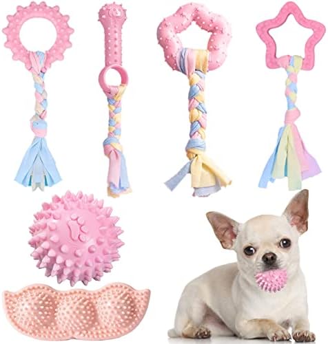 ABRRLO 6 Pack Puppy Teething Toys Cute Pink Puppy Chew Toys for Teething Small Breed Dog Chew Toy Interactive Pet Toy Set for Puppies to Keep Them Busy Soft Durable Small Breed Doggy Chewing Ball