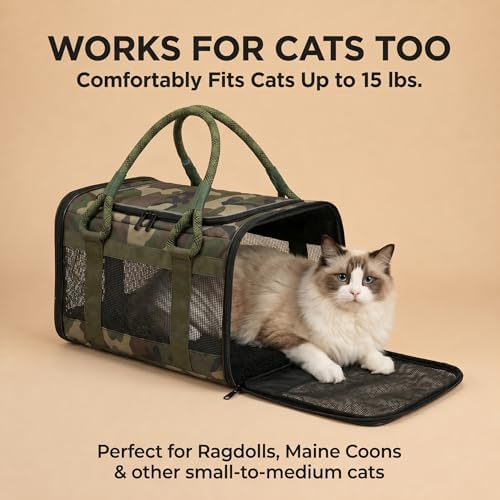 Soft-Sided Pet Carrier, Camo Green, 19.7 x 11.8 x 11.4 in