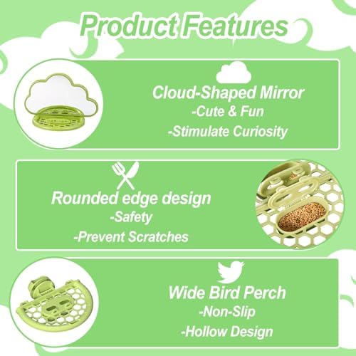 Bird Mirror with Perch Stand & Slow Feeder,Parrot Toys Swing(Green)