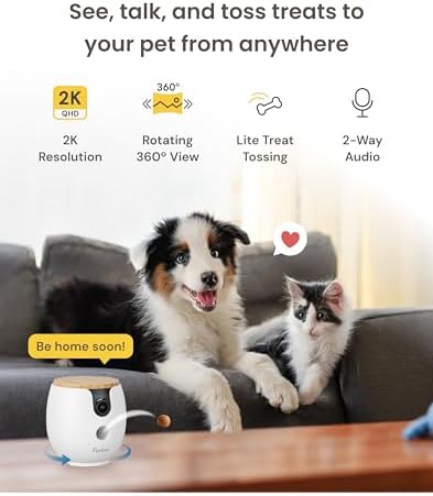 Furbo Mini 360° 2K QHD Pet Camera + Power Adapter: Dog & Cat Rotating Treat Dispenser w/Phone App, Smart Cam w/2-Way Speaker & Night Vision. No Subscription Needed. Standard See, Talk, & Toss Features