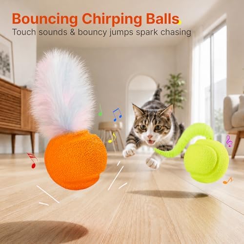 Potaroma Touch Activated Chirping Cat Toys Balls with Feather
