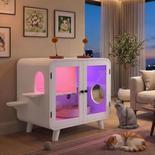 Smart Cat Litter Box Enclosure with RGB LED Light, TV-Stvle Cat Cabinet with Transparent Doors,Side Steps, Pom-Pom Toys,Indoor Pet House for Living Room,Bedroom(30.7"*23.6"*28",White)