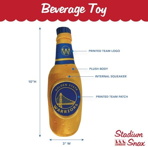 Pets First NBA Golden State Warriors Beer Bottle Plush Dog & CAT Squeak Toy - Cutest Stadium SODA Bottle Snack Plush Toy for Dogs & Cats with Inner Squeaker & Beautiful Basketball Team Name/Logo
