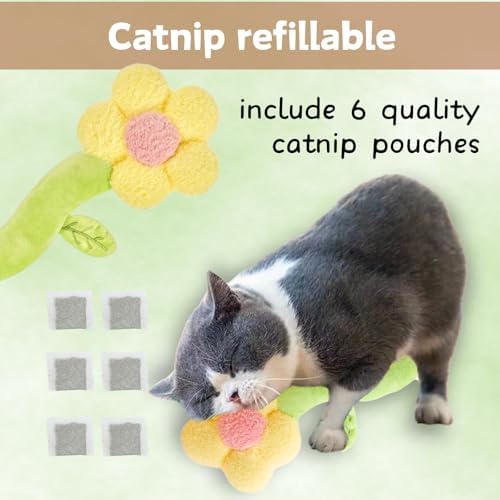 CECE PAW Catnip Refillable Interactive Cat Toy with Crinkle Sound, Flower Kicker Toy for Indoor Cats, Includes 6-Pack Catnip Pouches, Chew, Food Puzzle for Kitten Enrichment