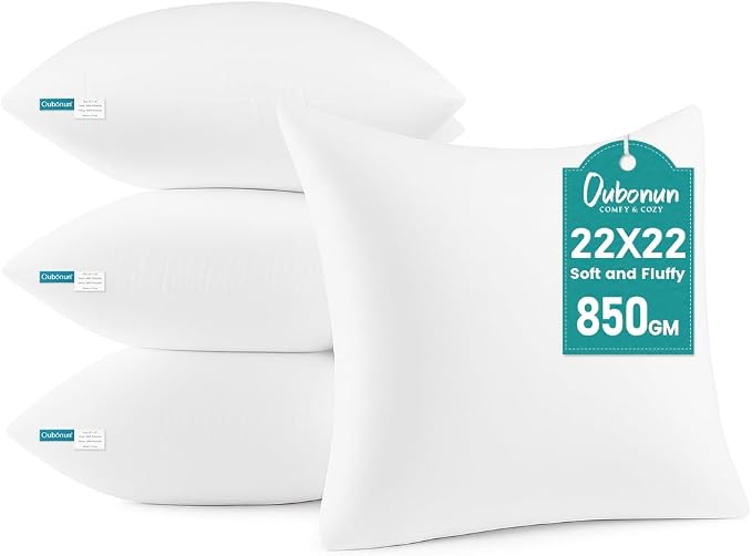 Oubonun 22 x 22 Throw Pillow Inserts Set of 4 | Soft, Plush & Decorative Down Alternative Pillows for Couch Sofa Bed, Machine Washable - White, Pack of 4