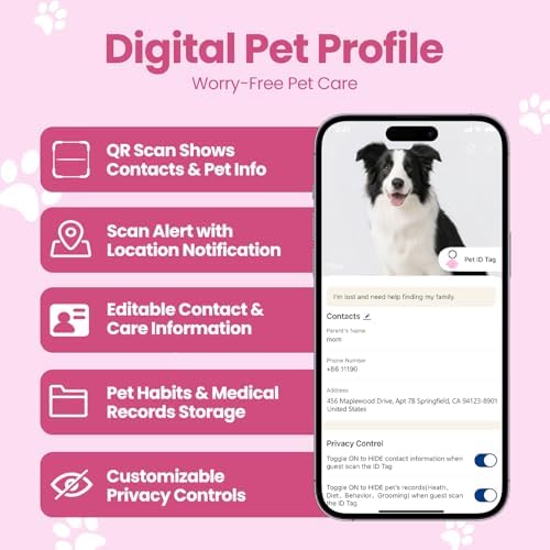 QR Code Pet ID Tags with NFC - Silent Silicone Dog Name Tags Personalized, Scan for Instant Location Alerts & Digital Pet Profile, Waterproof & Battery-Free Dog Tag for Cats & Dogs (Pink)