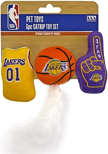 Pets First NBA LA Lakers Complete Set of 3 Piece Cat Toys Filled with Fresh Catnip. Includes: Jersey, Basketball with Feathers & #1 Fan. Beautiful Team Logos