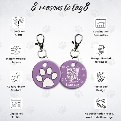 tag8 QR Code ID Tag for Dogs & Cats, Real-Time Scan Alerts, Online Pet Info Access, No Subscription or Fees, Durable Pet Tag for Collars - Purple