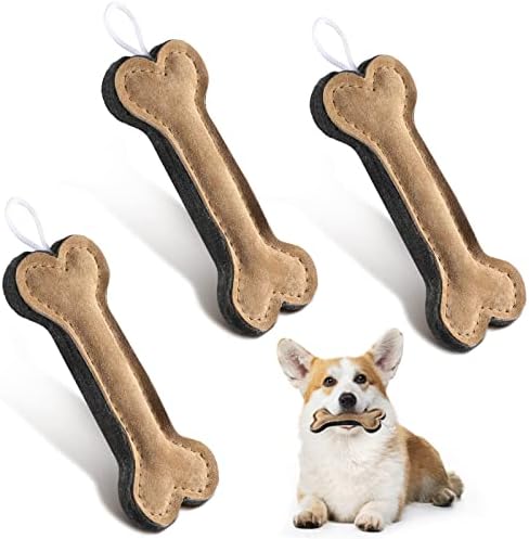 Deekin 3 Pcs Leather Dog Toy 6 Inch Bone Chew Toys with Rope Handle