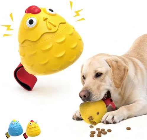 Interactive Dog Treat Dispensing Toy, Natural Rubber Chicken Design with Built-in Sound Generator, Slow Feeder Puzzle Toy for Aggressive Chewers, Teeth Cleaning for Small Medium Large Dogs (Yellow)