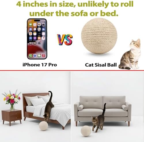 4-Inch Sisal Cat Toy Balls, Cat Toys for Indoor Cats, With Crinkle Sound