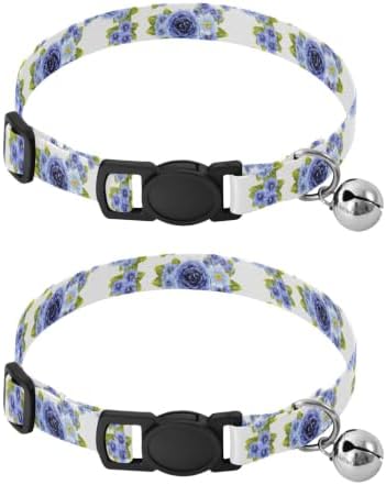 2 Pack Pet Collar Blue Roses Cat Collars with Bell, Adjustable Length 10.6" to 17.1"