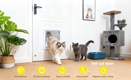Sailnovo Cat Door（Outer Size 9.25" x 10.62" ）, Rotary 4-Way Facile Locking for Interior Exterior Door,Quiet, ABS Material,Weatherproof Pet Doors, Telescopic Frame, White,(Suitable for Cats<27.54 lb)