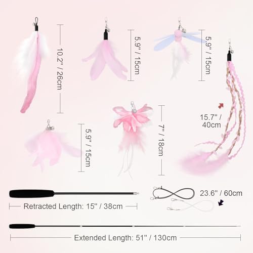 SONGWAY Cat Wand Toys for Indoor Cats - Cat Toy Set with Retractable Teaser Wand and 6 PCS Fairy Feather Toy Refills, Dragonfly Tassel Plush Cat Toys Interactive, Pink