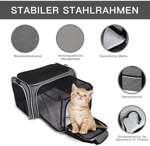 BAGLHER Expandable Cat Carrier with Travel Litter Box, Pet Travel 5 Sides Open Doors 3 Sides, Leak-Proof and Collapsible, for Car, Airplane Trip, Grey