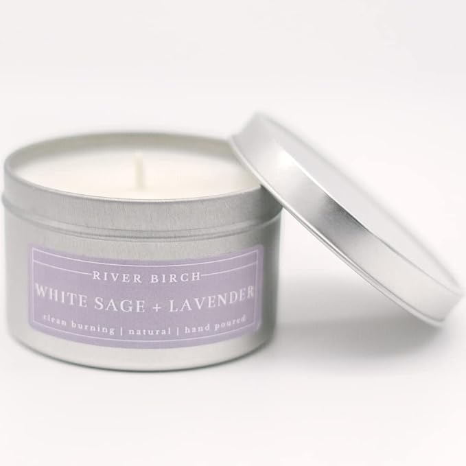 River Birch Candles White Sage + Lavender Scented Candle | Premium, All-Natural, Non-Toxic, Soy Candles | 8 oz. Silver Tin Travel Candle | Cozy Relaxing Gifts for Home