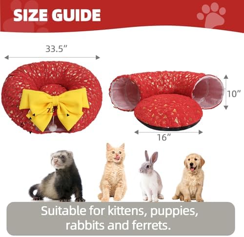 Homimp Christmas Cat Tunnel for Indoor with Bowtie, Cat Christmas Tree Large Tube Playground with Washable Circle Cushion and Plush Ball Toy, Round Pet Peekaboo Cave Toy for Kitten/Puppy/Rabbit,Red