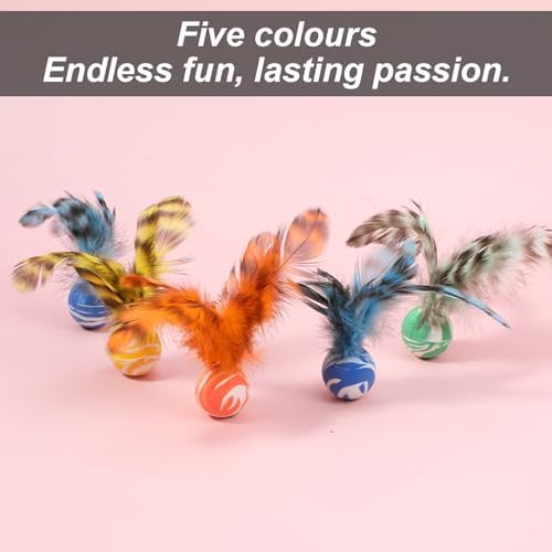 Cat Bouncy Ball with Feathers - 5 Pack Interactive Cat Feather Toys for Indoor Cats, Rubber Kitten Fetch Chase Toy for Interactive Exercise & Hunting Play