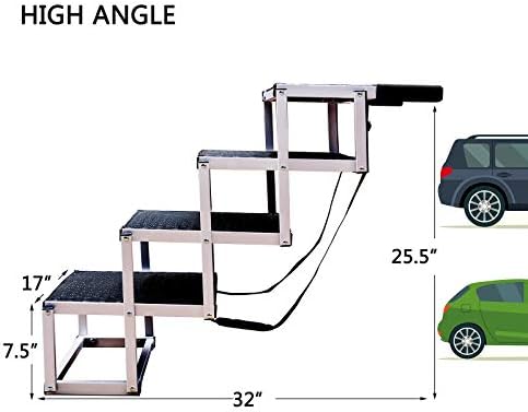 Aluminum Dog Car Stairs, Portable Large Dog Step for High Beds, Trucks, and SUV, Lightweight Folding Pet Ladder Ramp, 4 Steps