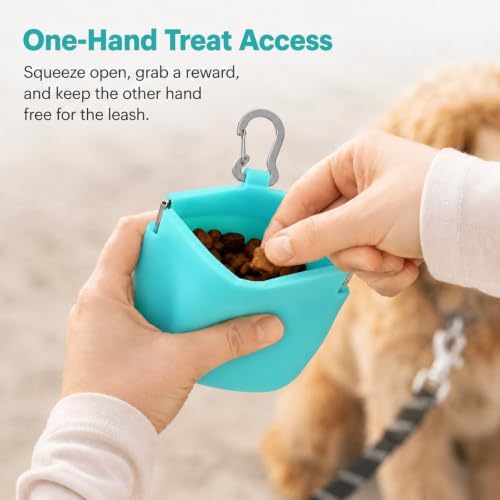 Silicone Dog Treat Pouch for Pet Training One-Hand Access One Cup Silicone Treat Bag with Pull Tab and Auto Closing Lid Treat Pouches for Leash(Color: Cyan)