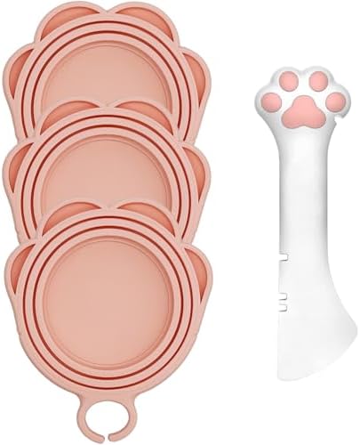 3 Pcs Cat Food Can Lids & One Opener | Cute Paw Shape Can Covers and Opener Spatula Cat Spoons for Wet Food | Universal BPA Free Silicone Spoon & Covers for Dog Cat Cans(Pink)