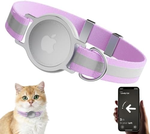 AirTag Cat Collar, Ultra Elastic Cat Tracker Collar (Reflective Violet) | Compatible with Apple Air Tag Holder, Lightweight, Scratch Resistant, Stepless Adjustable Pet Tracking Collars for Cat Kitten