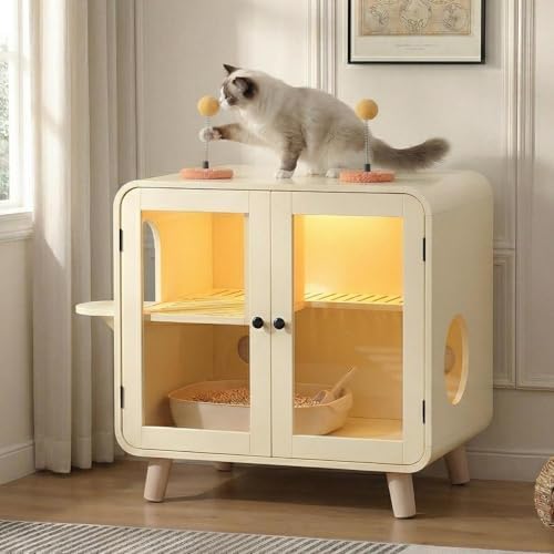 Polibi Retro TV-Shaped Cat Cabinet with RGB Smart Lighting & Pom-Pom Toys, Litter Leak Walkway & Dual Glass Doors, Multi-Functional Cat Furniture for Indoor Cats, Living Room, Beige