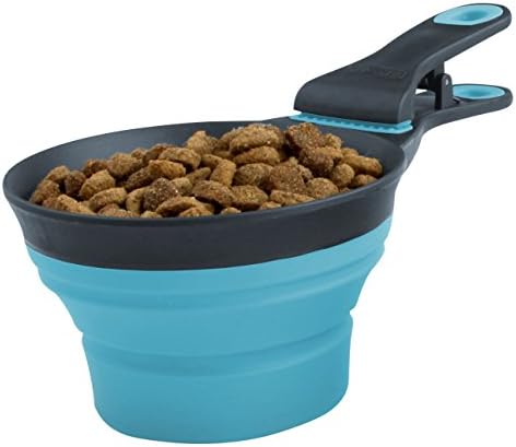 Dexas Popware for Pets Collapsible Klip Scoop, 3 in 1 Design Convenient Measuring Cup, Food Scooper and Bag Clip, 1Cup Capacity Pet Food Scoop, Versatile Food Measuring Cups Portion Control Gray/Blue