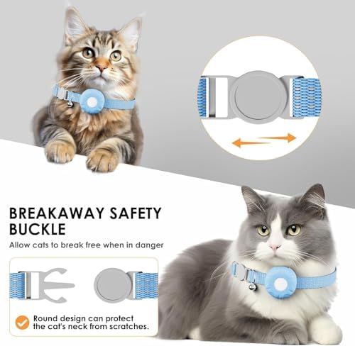 Cat Tracker,Breakaway Tracking Pet Collar with Finder Tag and Tracker Holder,No Monthly Fee,Compatible with Apple Find My (iOS Only), Reflective Strip Design with Bell(Blue)