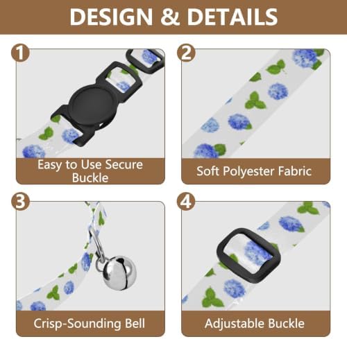 Blue Hydrangea Flowers White Decorative Pet Collar with Bell 2 Pack Small Dog Collar Adjustable Length 10.6" to 17.1"