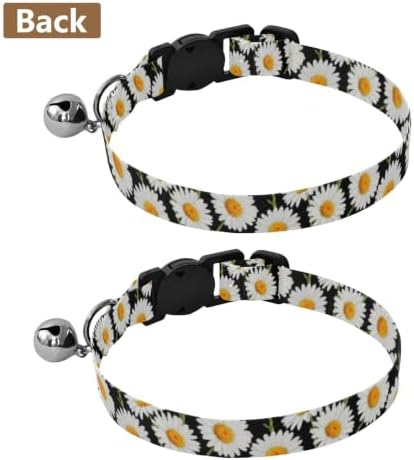 White Daisies Black Dog Bell Collar 2 Pack Pet Collar Adjustable Length 10.6" to 17.1"